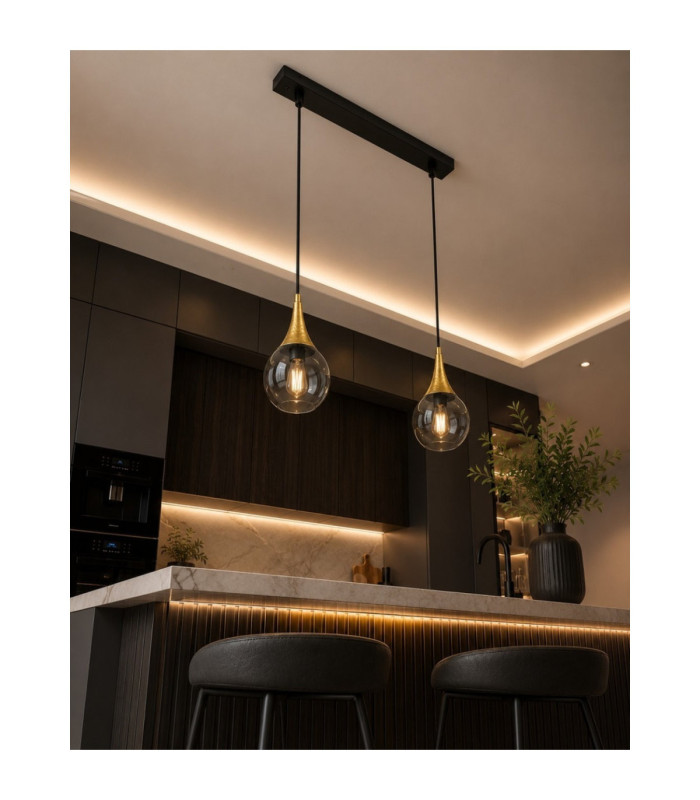 Lacrima Bar Pendant Ceiling Light Black Gold Smoky Glass Shade 2x E27-3