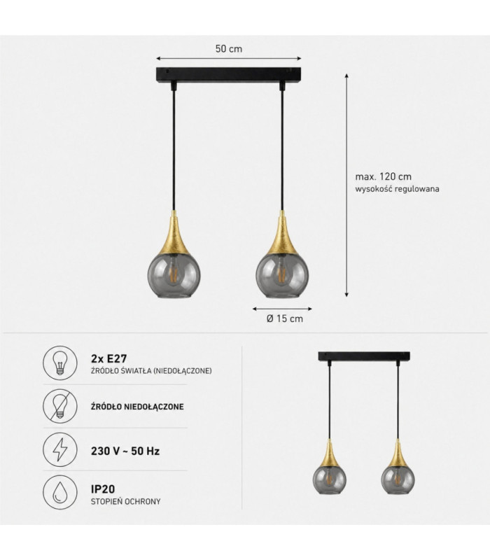 Lacrima Bar Pendant Ceiling Light Black Gold Smoky Glass Shade 2x E27-4