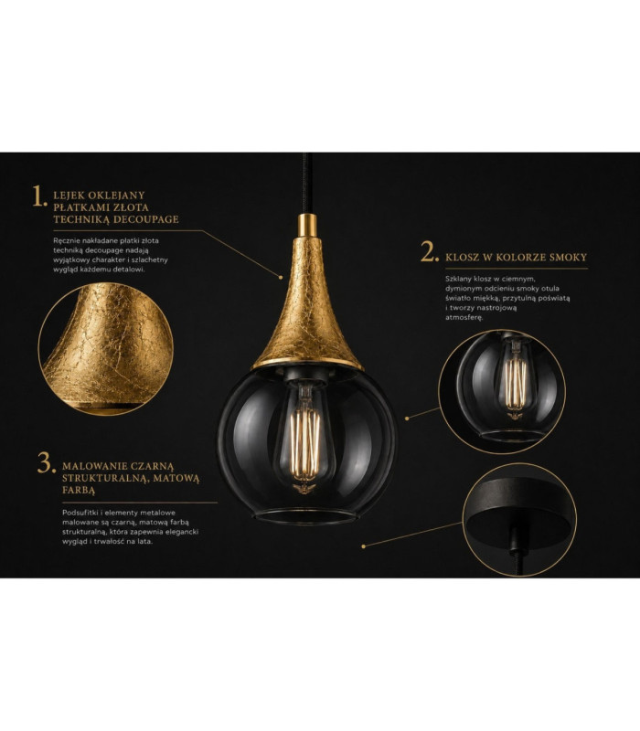 Lacrima Bar Pendant Ceiling Light Black Gold Smoky Glass Shade 2x E27-6