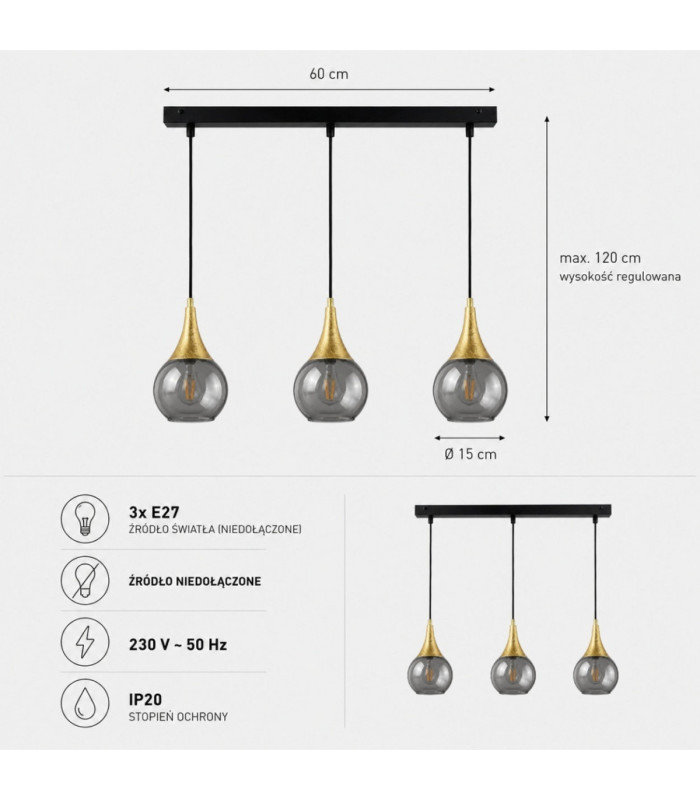 Lacrima Bar Pendant Ceiling Light Black Gold Smoky Glass Shade 3x E27-4