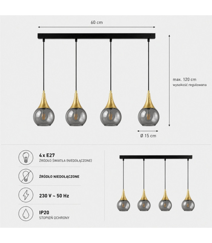 Lacrima Bar Pendant Ceiling Light Black Gold Smoky Glass Shade 4x E27-4