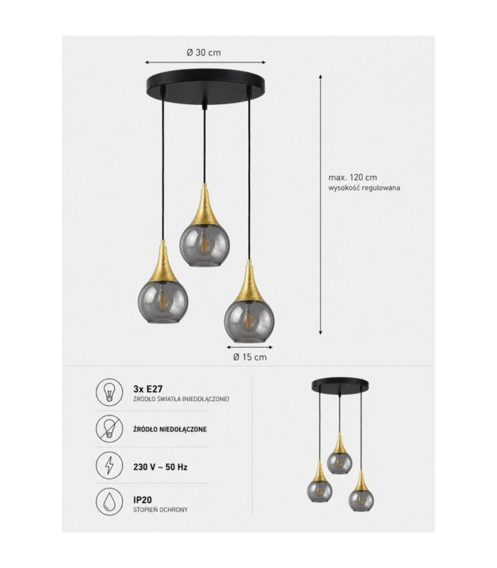 Lacrima Cluster Pendant Ceiling Light Black Gold Smoky Glass Shade 3x E27-4