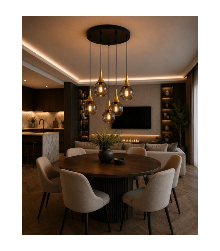 Lacrima Cluster Pendant Ceiling Light Black Gold Smoky Glass Shade 5x E27-2