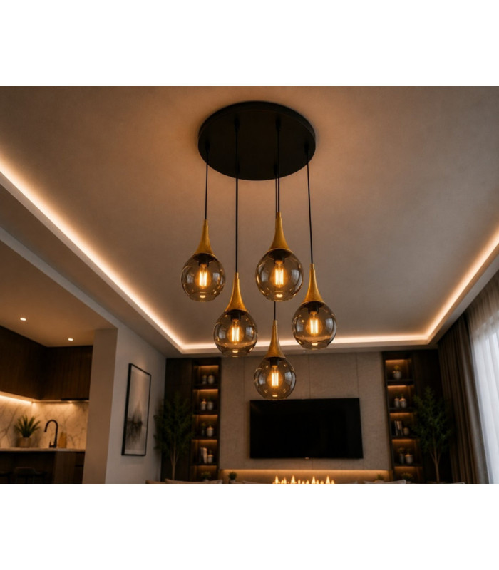 Lacrima Cluster Pendant Ceiling Light Black Gold Smoky Glass Shade 5x E27-3