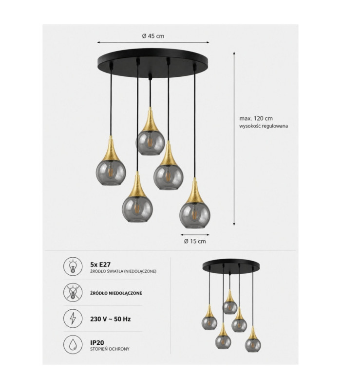 Lacrima Cluster Pendant Ceiling Light Black Gold Smoky Glass Shade 5x E27-4