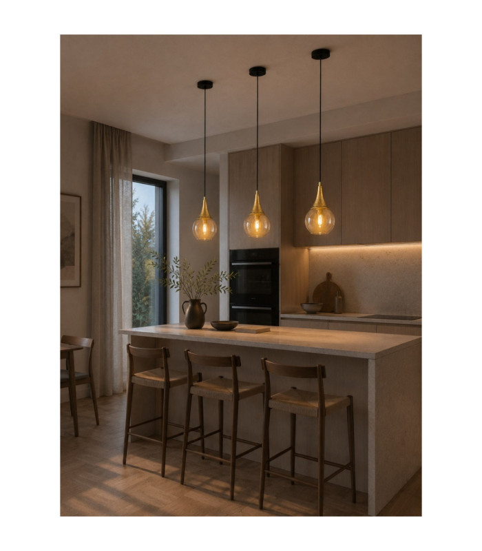 Lacrima Dome Pendant Ceiling Light Black Gold Amber Glass Shade 1x E27-2
