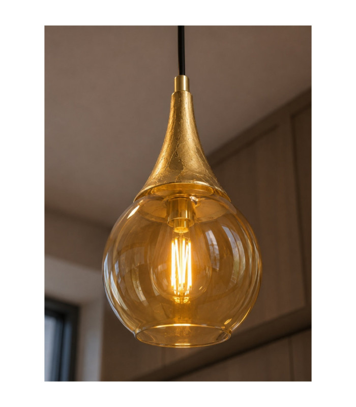 Lacrima Dome Pendant Ceiling Light Black Gold Amber Glass Shade 1x E27-3