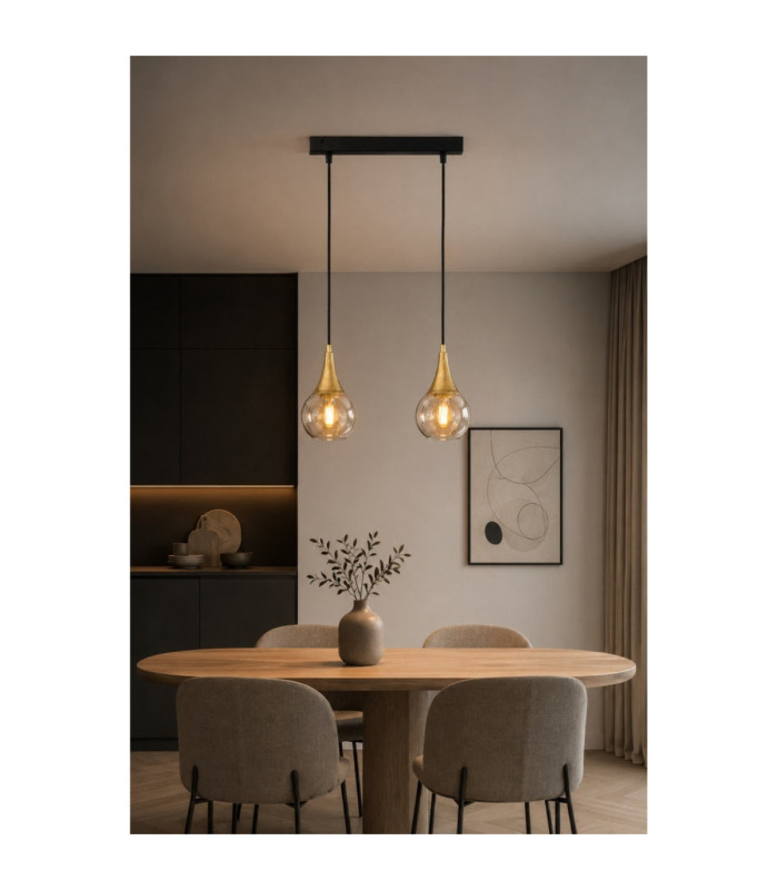 Lacrima Bar Pendant Ceiling Light Black Gold Amber Glass Shade 2x E27-2