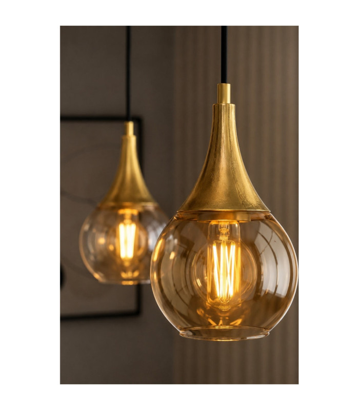 Lacrima Bar Pendant Ceiling Light Black Gold Amber Glass Shade 2x E27-3