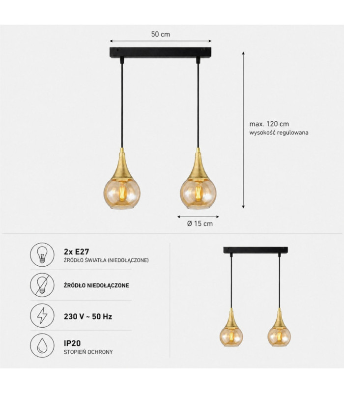 Lacrima Bar Pendant Ceiling Light Black Gold Amber Glass Shade 2x E27-4