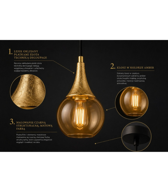 Lacrima Bar Pendant Ceiling Light Black Gold Amber Glass Shade 2x E27-6