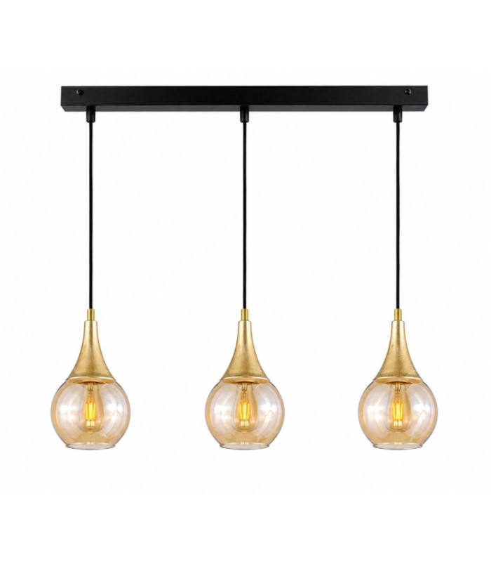 Lacrima Bar Pendant Ceiling Light Black Gold Amber Glass Shade 3x E27-1