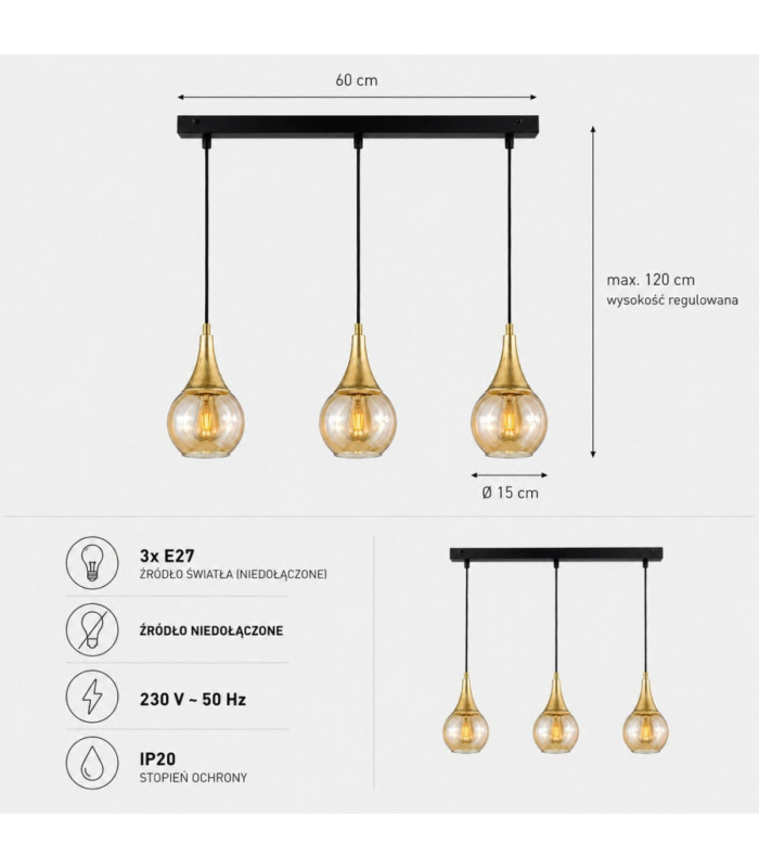 Lacrima Bar Pendant Ceiling Light Black Gold Amber Glass Shade 3x E27-4