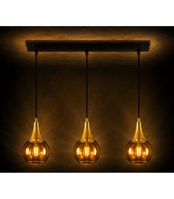 Lacrima Bar Pendant Ceiling Light Black Gold Amber Glass Shade 3x E27-5