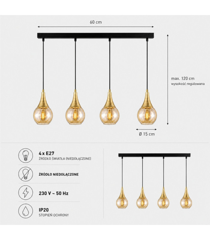 Lacrima Bar Pendant Ceiling Light Black Gold Amber Glass Shade 4x E27-4
