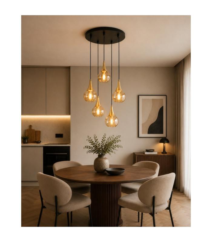 Lacrima Cluster Pendant Ceiling Light Black Gold Amber Glass Shade 5x E27-2