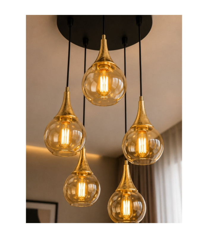 Lacrima Cluster Pendant Ceiling Light Black Gold Amber Glass Shade 5x E27-3