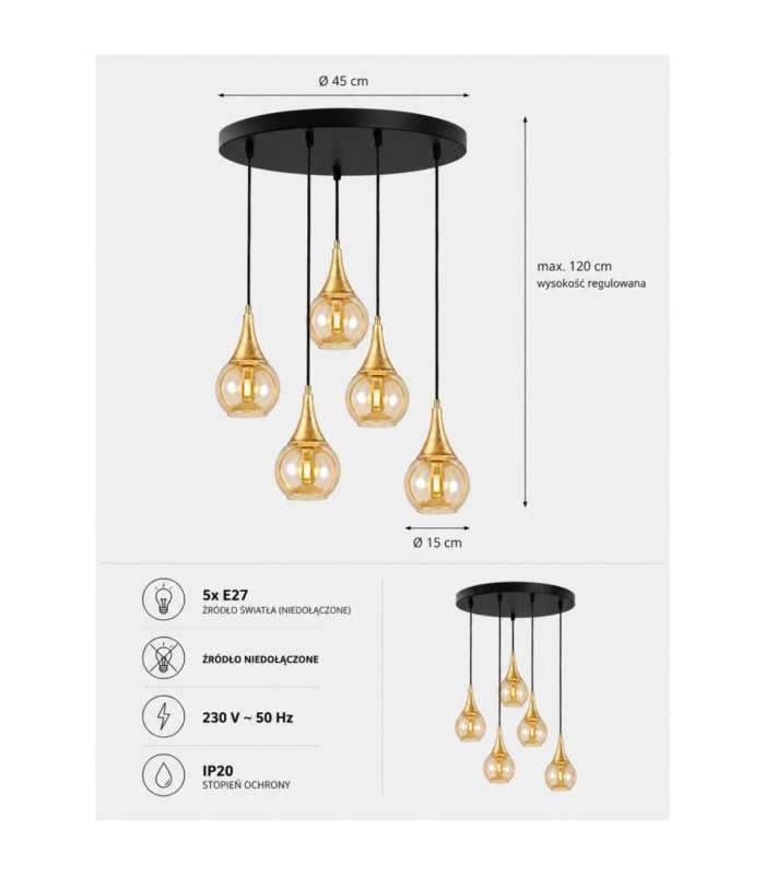 Lacrima Cluster Pendant Ceiling Light Black Gold Amber Glass Shade 5x E27-4
