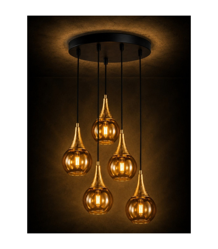 Lacrima Cluster Pendant Ceiling Light Black Gold Amber Glass Shade 5x E27-5