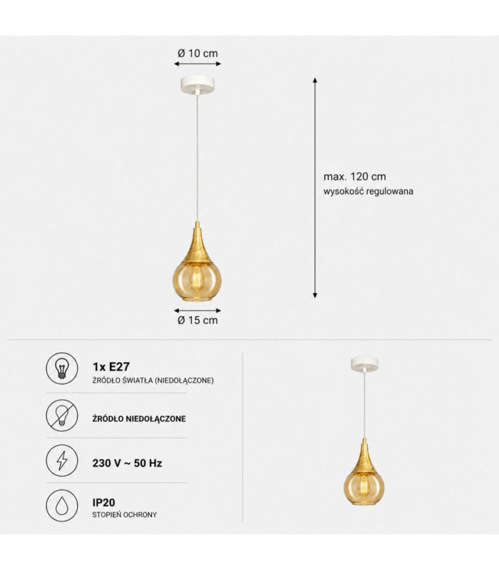 Lacrima Dome Pendant Ceiling Light White Gold Amber Glass Shade 1x E27-4