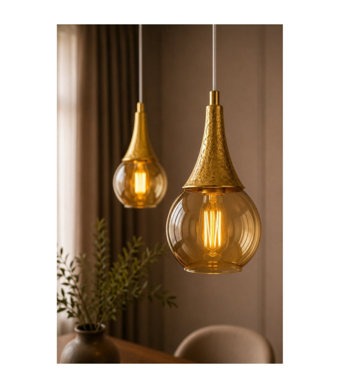 Lacrima Bar Pendant Ceiling Light White Gold Amber Glass Shade 2x E27-3