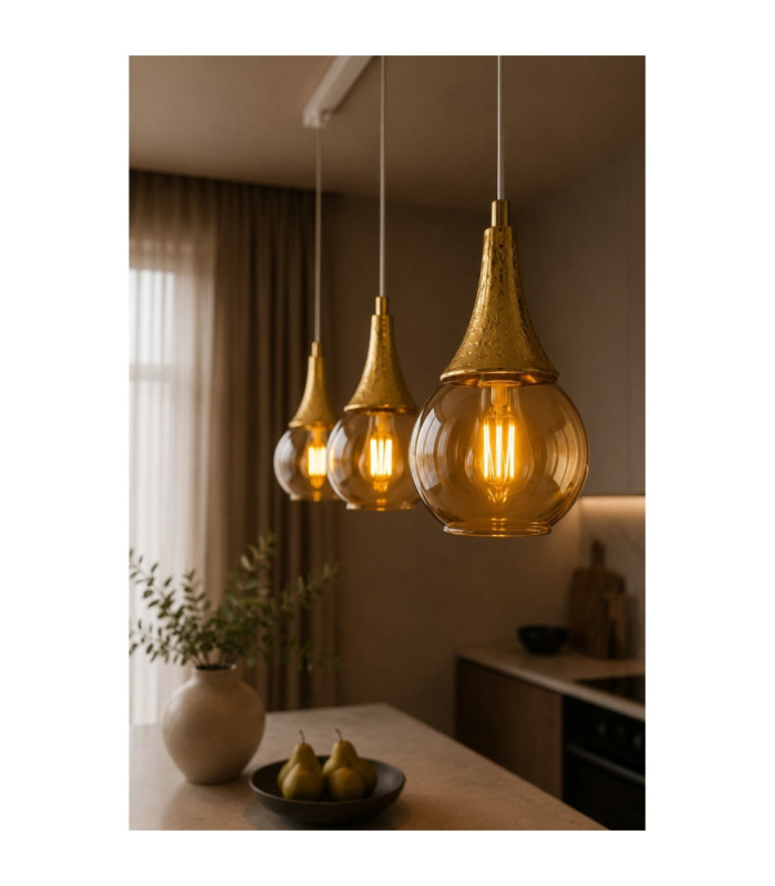 Lacrima Bar Pendant Ceiling Light White Gold Amber Glass Shade 3x E27-3