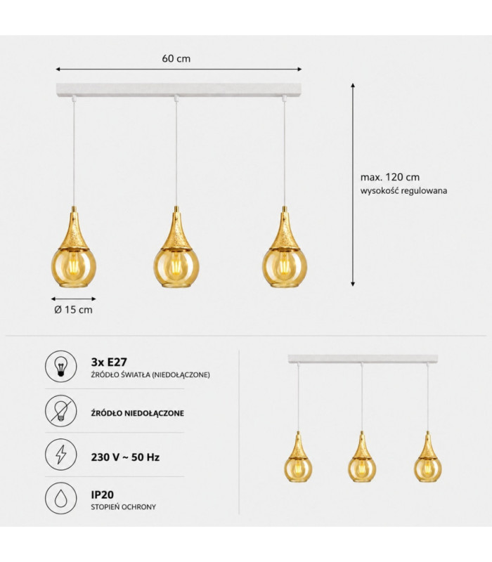 Lacrima Bar Pendant Ceiling Light White Gold Amber Glass Shade 3x E27-4