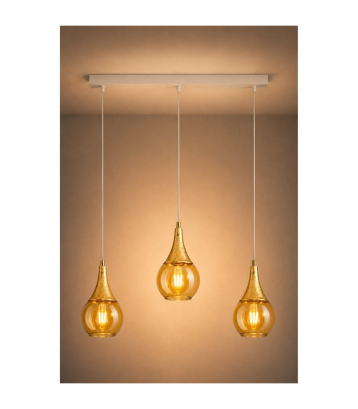 Lacrima Bar Pendant Ceiling Light White Gold Amber Glass Shade 3x E27-5