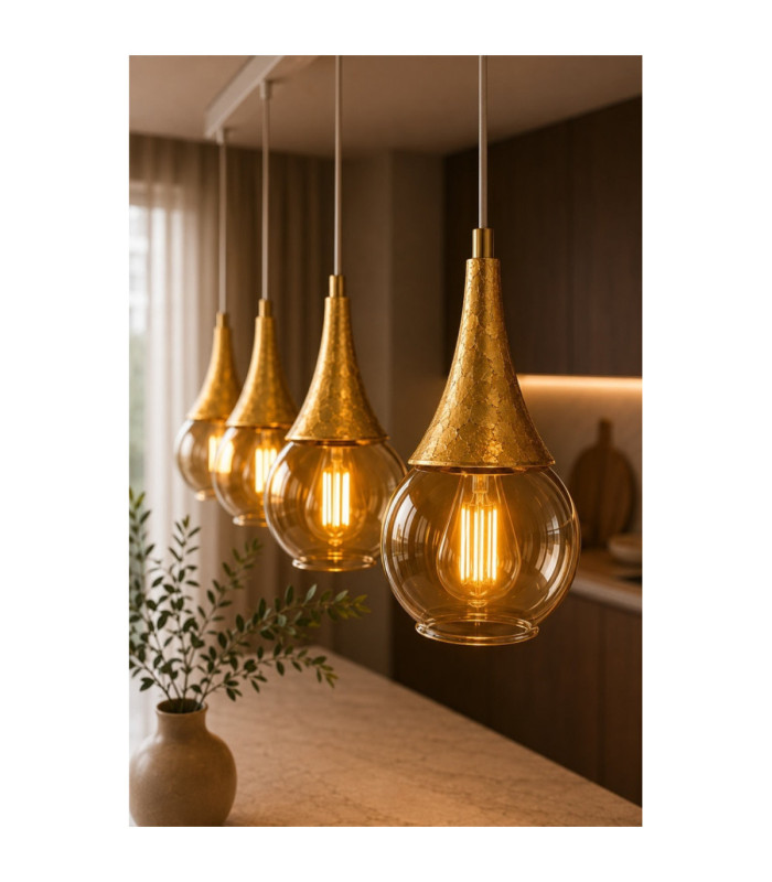 Lacrima Bar Pendant Ceiling Light White Gold Amber Glass Shade 4x E27-3