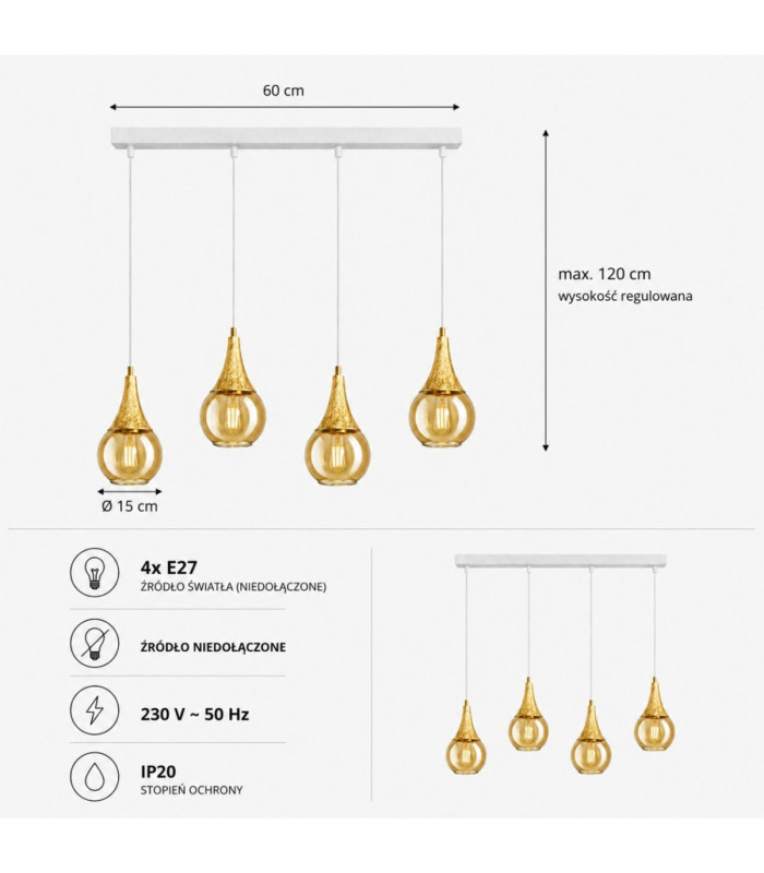 Lacrima Bar Pendant Ceiling Light White Gold Amber Glass Shade 4x E27-4