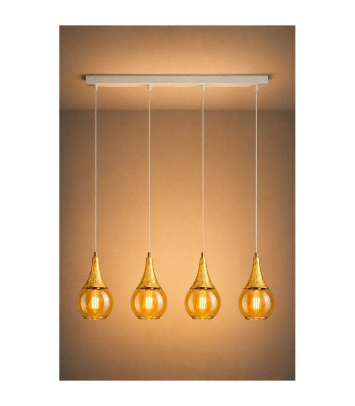 Lacrima Bar Pendant Ceiling Light White Gold Amber Glass Shade 4x E27-5