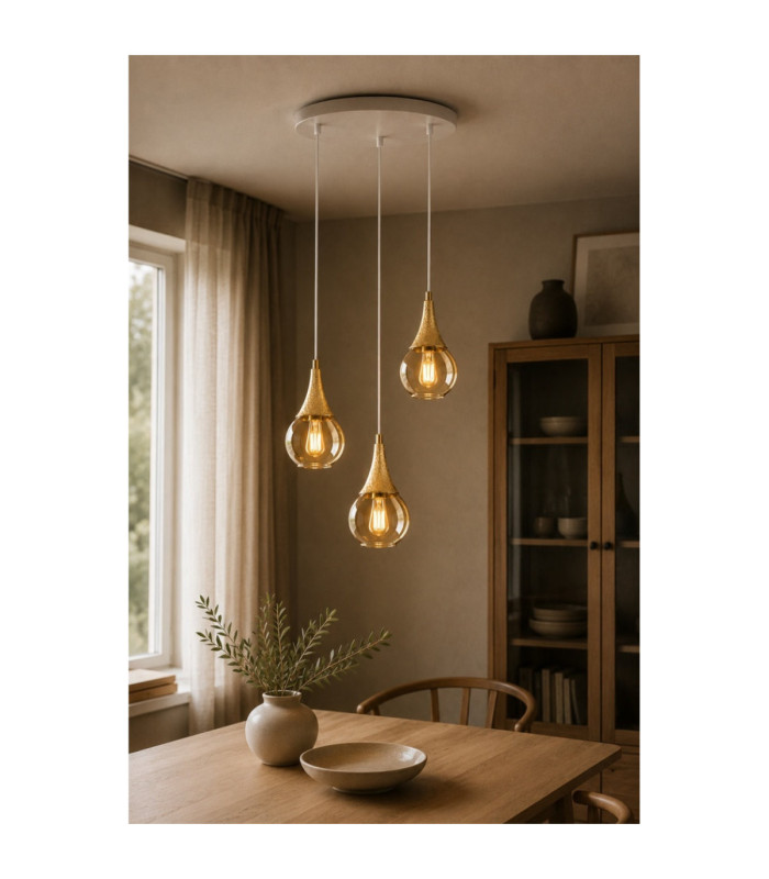 Lacrima Cluster Pendant Ceiling Light White Gold Amber Glass Shade 3x E27-2