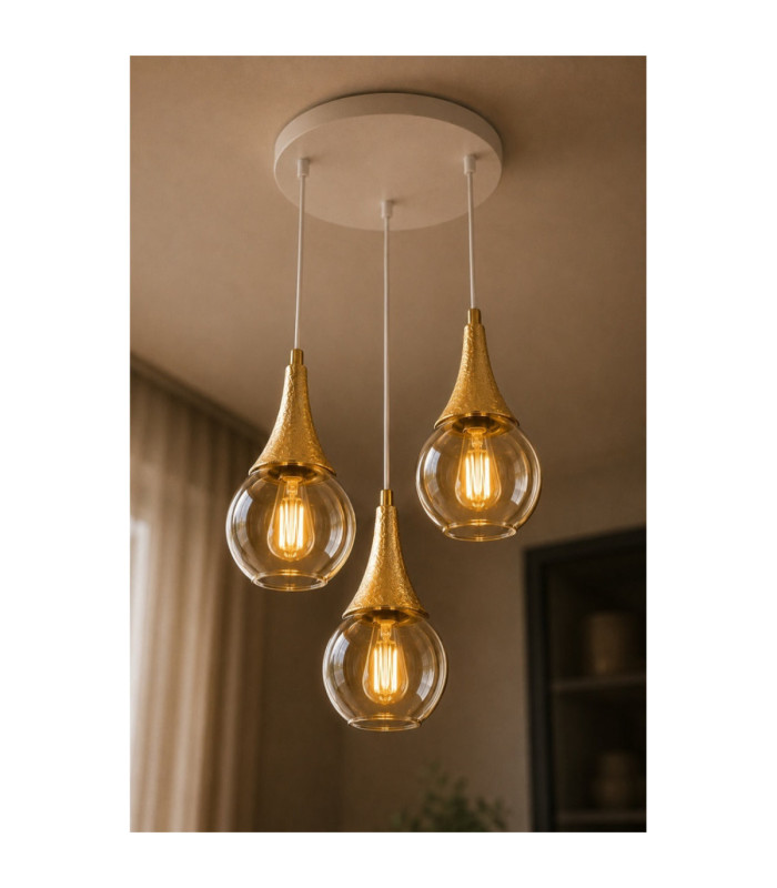 Lacrima Cluster Pendant Ceiling Light White Gold Amber Glass Shade 3x E27-3