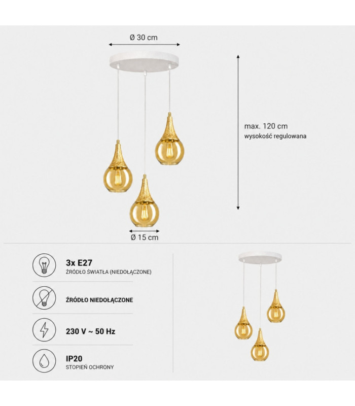 Lacrima Cluster Pendant Ceiling Light White Gold Amber Glass Shade 3x E27-4
