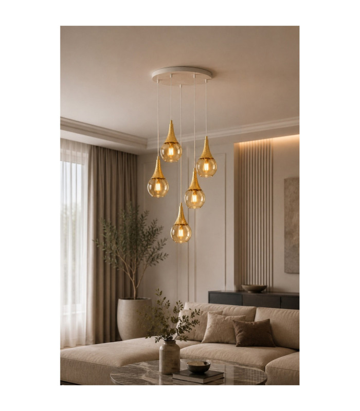 Lacrima Cluster Pendant Ceiling Light White Gold Amber Glass Shade 5x E27-2