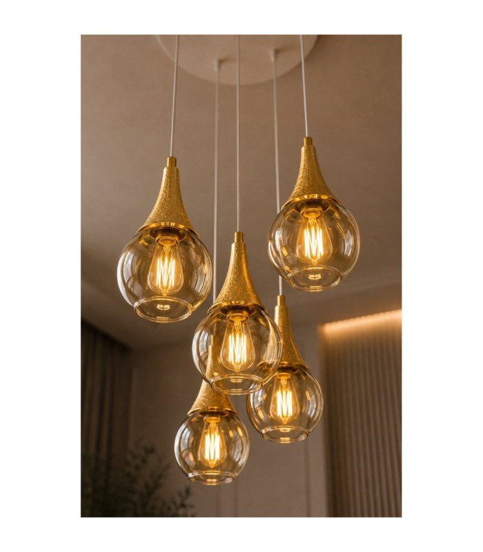 Lacrima Cluster Pendant Ceiling Light White Gold Amber Glass Shade 5x E27-3