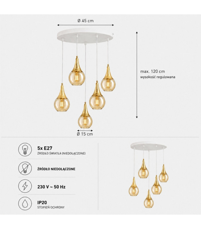 Lacrima Cluster Pendant Ceiling Light White Gold Amber Glass Shade 5x E27-4