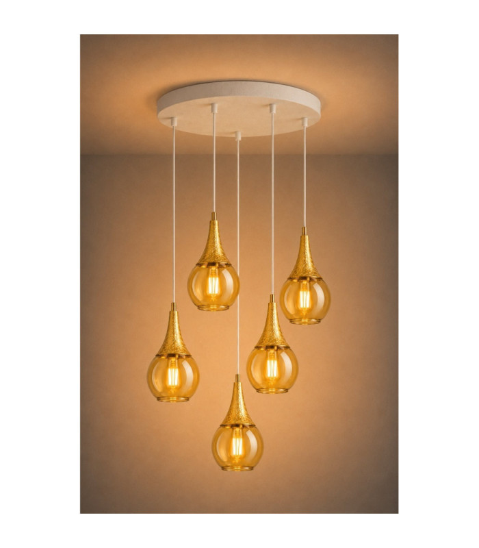 Lacrima Cluster Pendant Ceiling Light White Gold Amber Glass Shade 5x E27-5