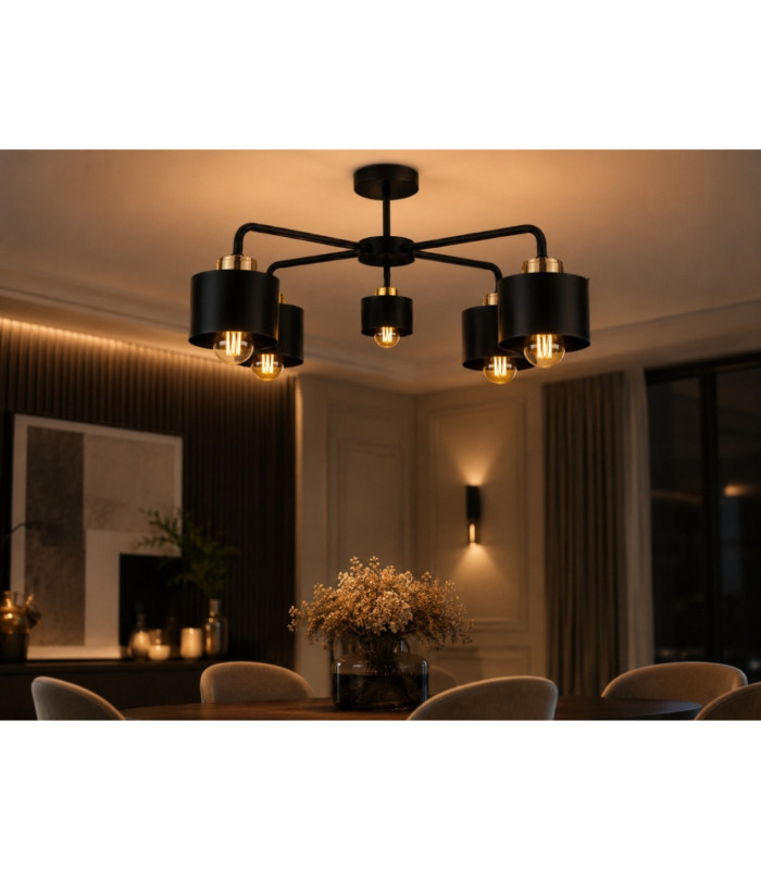 Simply Multi Arm Semi Flush Ceiling Lamp Black Gold 5x E27-5