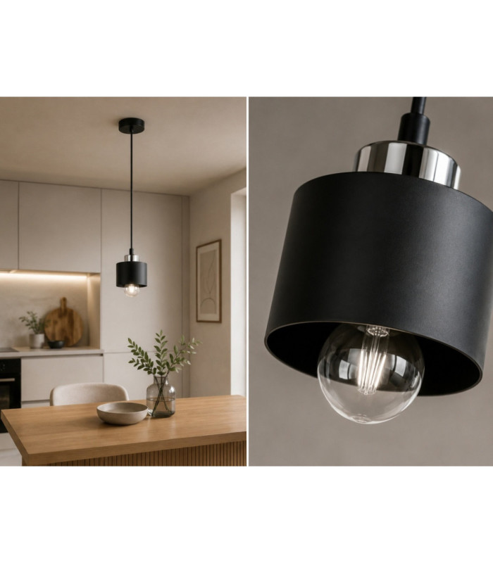 Simply Slim Pendant Ceiling Light Black Silver 1x E27-3