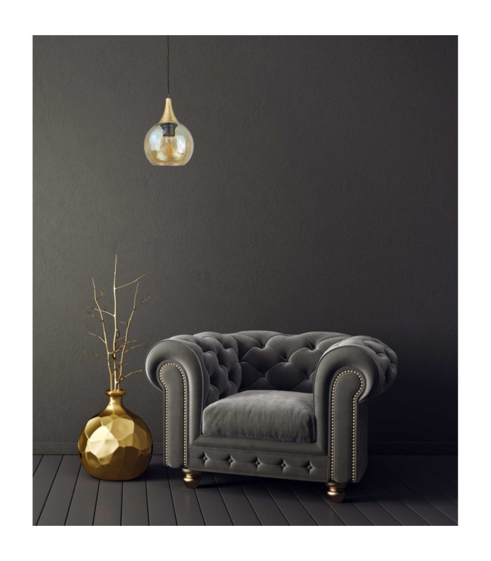 Callisto Slim Pendant Ceiling Light Black Gold Amber Glass Shade 1x E27-3
