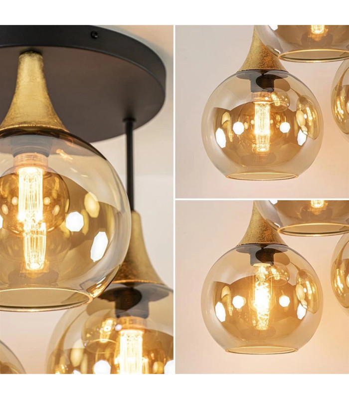 Callisto Shade Cluster Ceiling Light Black Gold Amber Glass Shade 3x E27-3