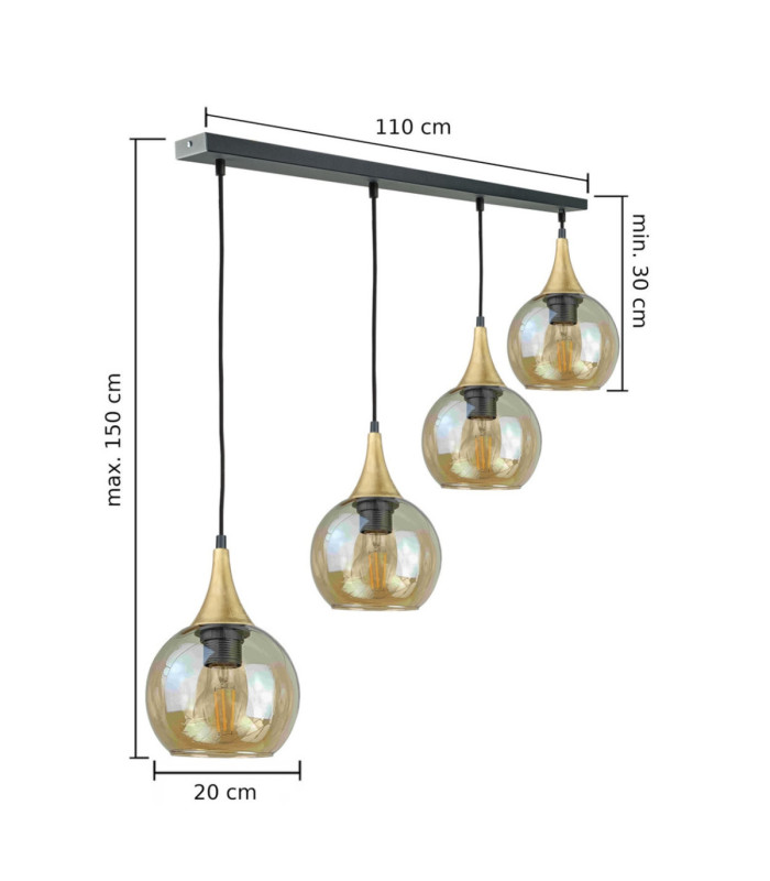 Callisto Bar Pendant Ceiling Light Black Gold Amber Glass Shade 4x E27-5