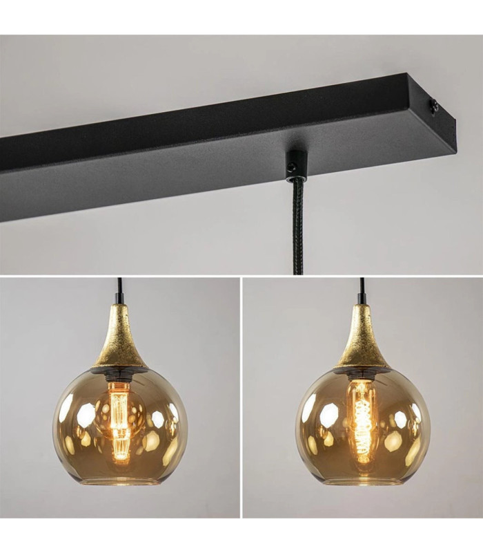 Callisto Bar Pendant Ceiling Light Black Gold Amber Glass Shade 3x E27-4