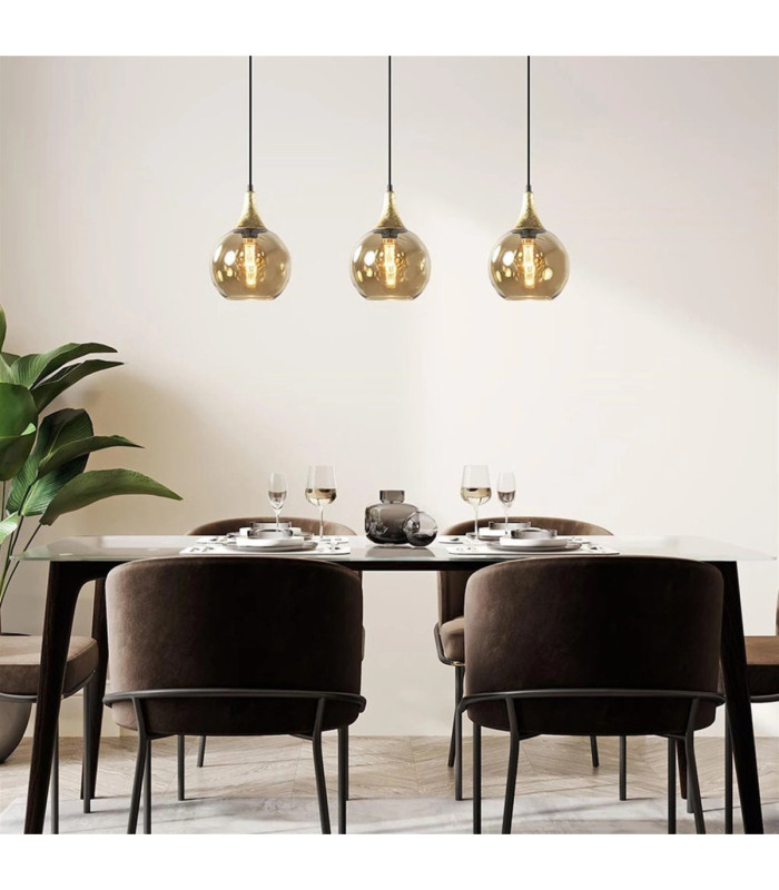 Callisto Bar Pendant Ceiling Light Black Gold Amber Glass Shade 3x E27-5