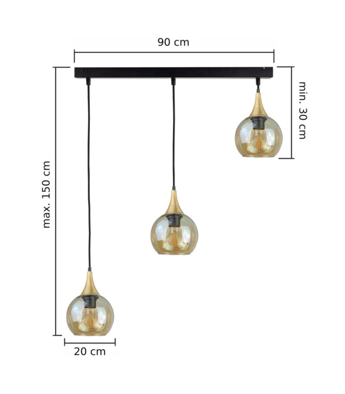 Callisto Bar Pendant Ceiling Light Black Gold Amber Glass Shade 3x E27-6