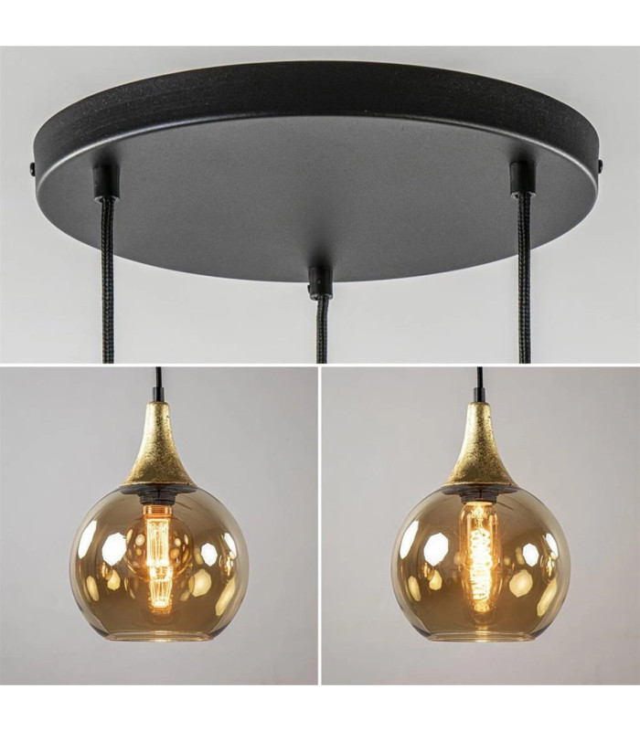 Callisto Cluster Pendant Ceiling Light Black Gold Amber Glass Shade 3x E27-3