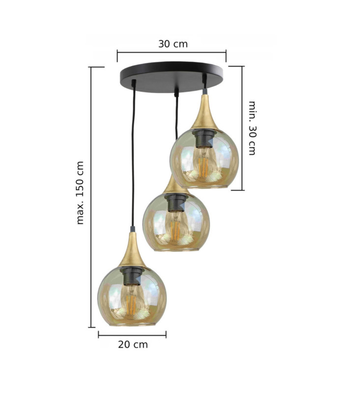 Callisto Cluster Pendant Ceiling Light Black Gold Amber Glass Shade 3x E27-5