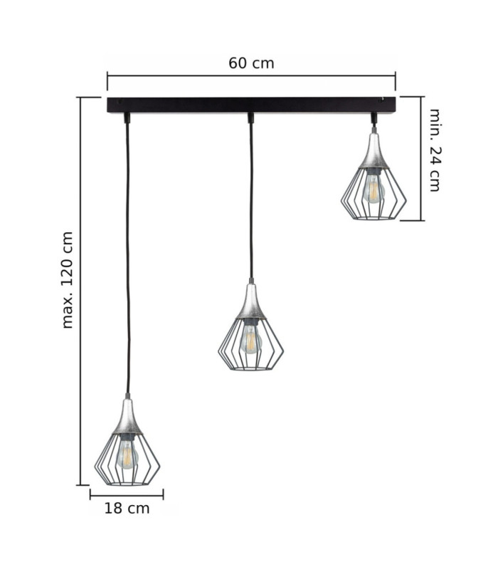 Selene Bar Pendant Ceiling Light Black Silver 3x E27-2