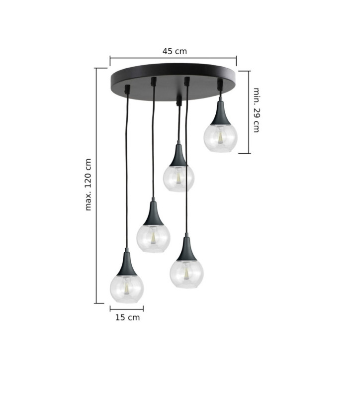 Lacrima Cluster Pendant Ceiling Light Black Transparent Glass Shade 5x E27-2